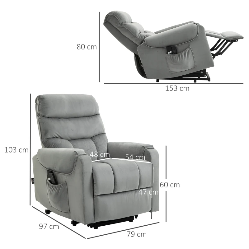 HOMCOM Poltrona de Massagem Relax Poltrona Levanta Pessoas com Reclinação Elétrica em até 135° com Controle Remoto e 8 Zonas de Massagem Estofado em Veludo e Acolchoada 79x97x103cm Cinza
