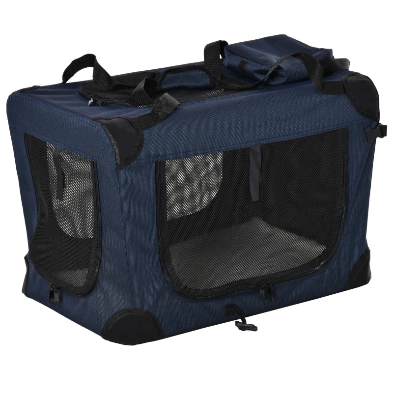 PawHut Transportadora para animais de estimação Portátil e Transpirável Dobrável com Almofada 3 Portas e Janela de Malha 2 Bolsos 60x41,5x41cm Azul Escuro