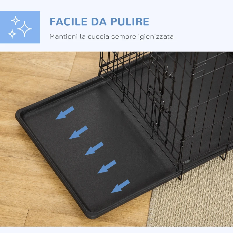 PawHut Gabbia per Animali Domestici Trasportino per Cani e Gatti Pieghevole in Acciaio Doppia Apertura, 76x46x52cm, Nero