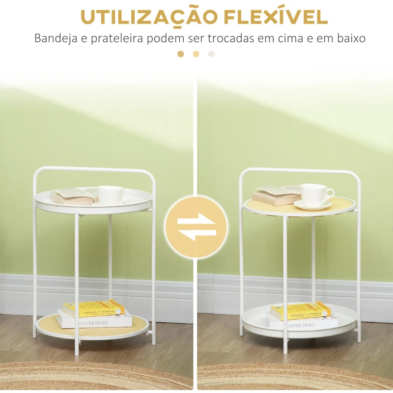 HOMCOM Mesa de Apoio com Prateleira de Vime Plástico Bandeja Removível e Alça Portátil 43,5x42,5x60cm Branco