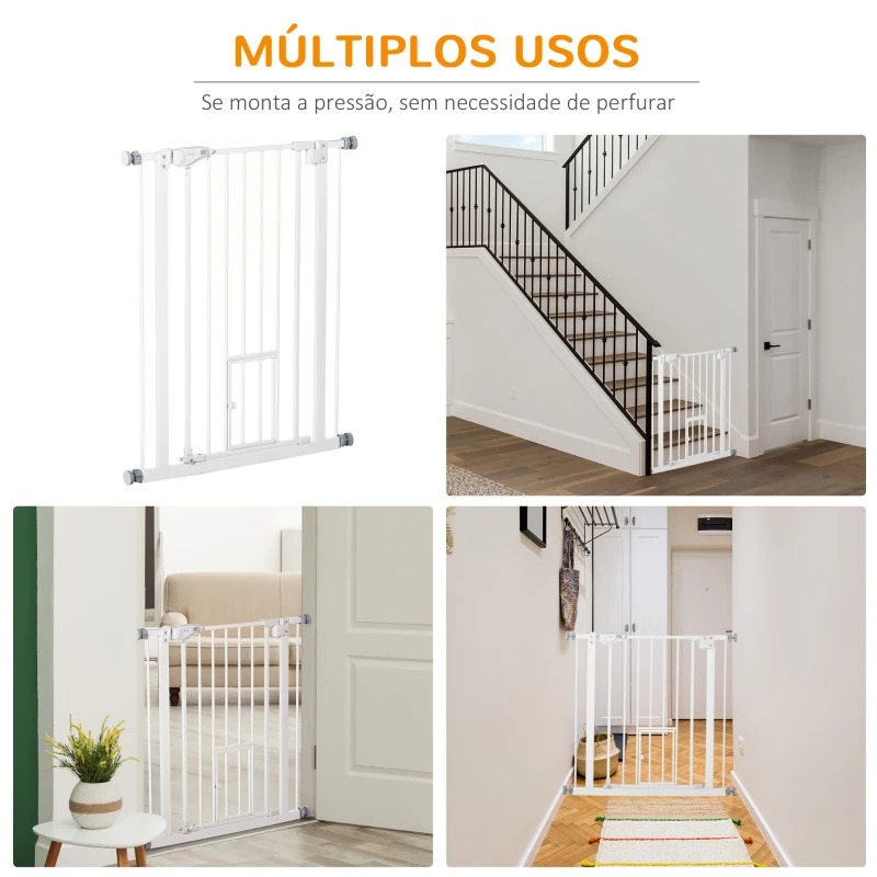 PawHut Barreira de Segurança para Cães Animais de Estimação 74-80cm para Escadas Portas e Corredores com Porta para Gatos Fechamento Automático e Sistema de Duplo Bloqueio Altura 91,4cm Branco