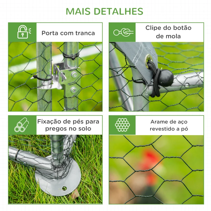 PawHut Galinheiro de Exterior Grande 302x107x172cm com Teto de Tecido de Oxford Gaiola de Aço Galvanizado para Galinhas Coelhos com Fechadura Prata