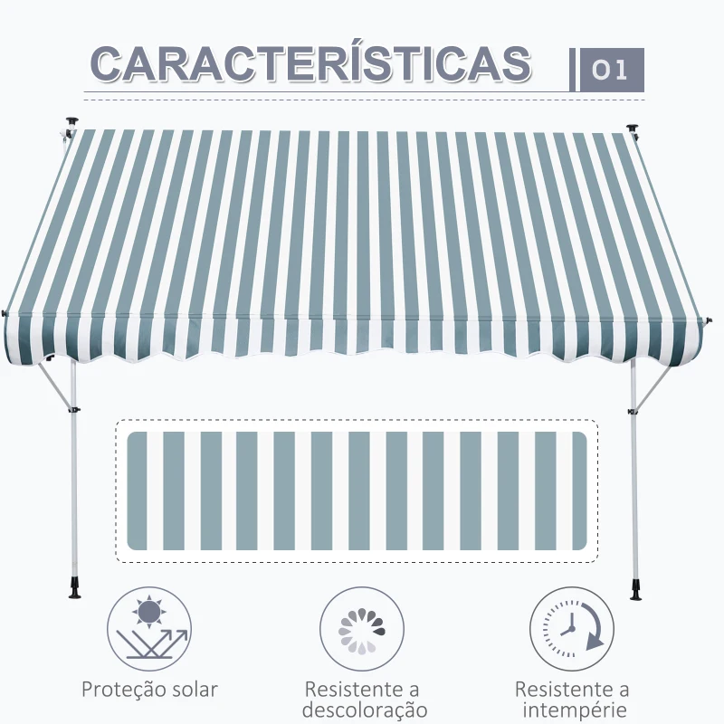 Outsunny Toldo Manual Retrátil para Exterior 300x150x170-280cm Toldo Enrolável Altura Ajustável com Manivela Proteção Solar para Terraço Balcão Jardim Verde