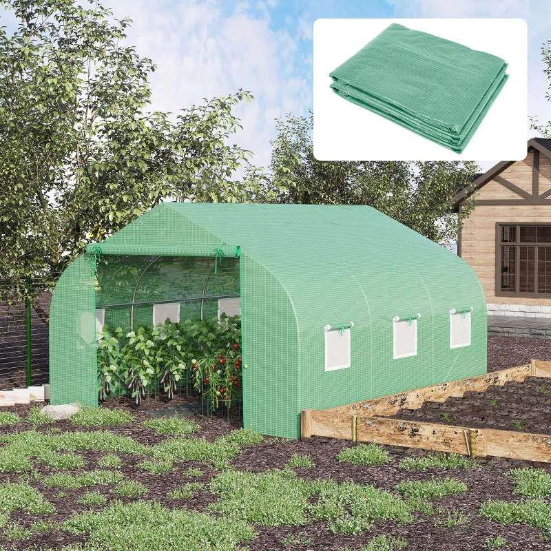 Outsunny Cobertura de Estufa de Túnel 3,5x3x2m Cobertura de Substituição de Estufa Polietileno com 6 Janelas e Portas Enroláveis Proteção de Plantas para Jardim Verde
