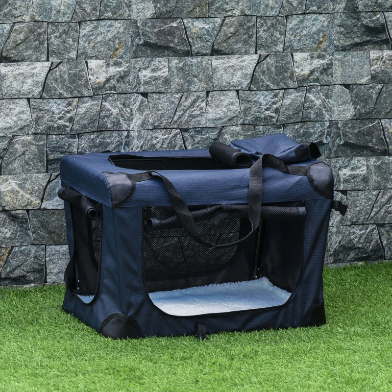 PawHut Transportadora para animais de estimação Portátil e Transpirável Dobrável com Almofada 3 Portas e Janela de Malha 2 Bolsos 60x41,5x41cm Azul Escuro