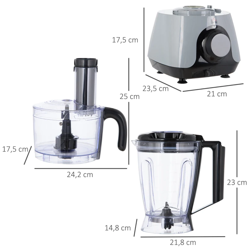 HOMCOM Processador de Alimentos 650W Taça 1L Copo 1,25L Processador de Alimentos com Ecrã LED 3 Velocidades Função de Pulse Aço Inoxidável 23,5x21x17,5cm Prata