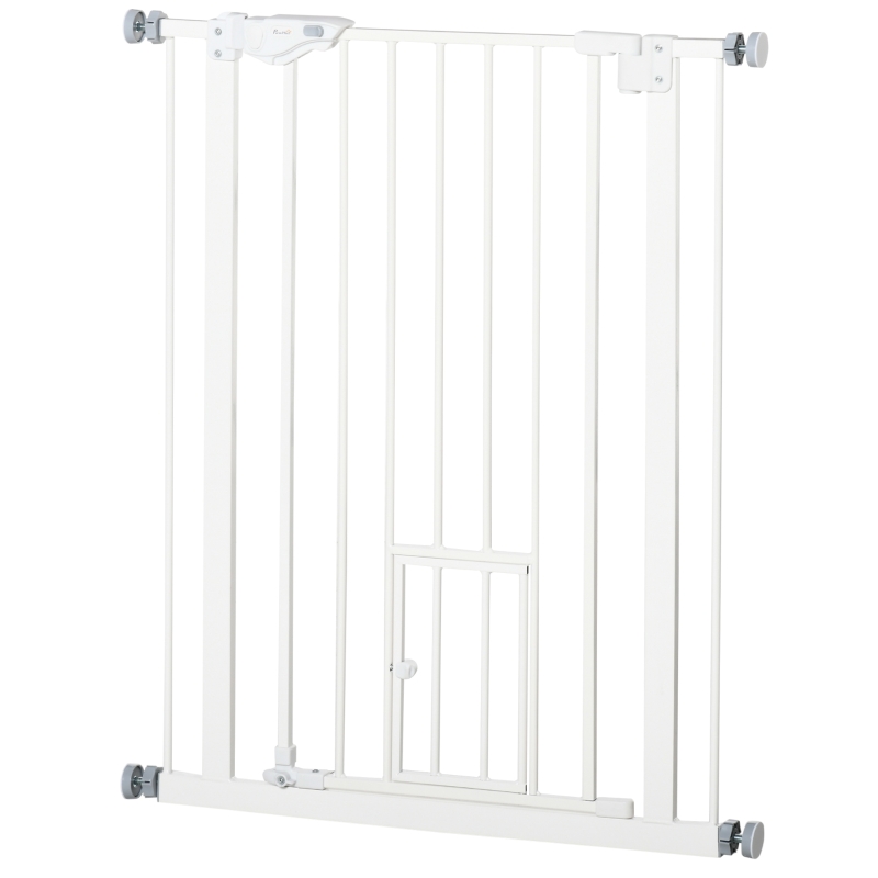 PawHut Barreira de Segurança para Cães Animais de Estimação 74-80cm para Escadas Portas e Corredores com Porta para Gatos Fechamento Automático e Sistema de Duplo Bloqueio Altura 91,4cm Branco