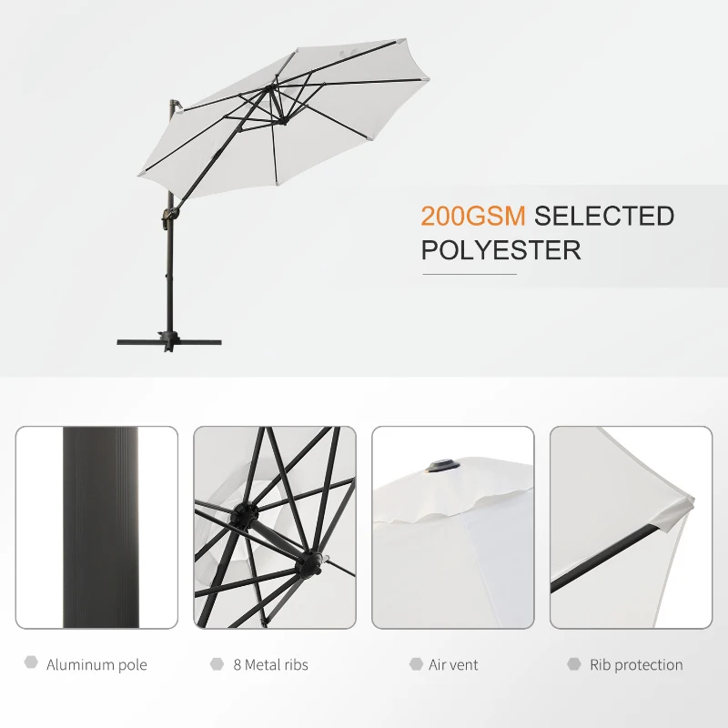 Outsunny Umbrela de Gradina Descentralizata, Unghi Reglabil 360 ° Rotativa in Poliester, Alb Crem, Φ294x248cm