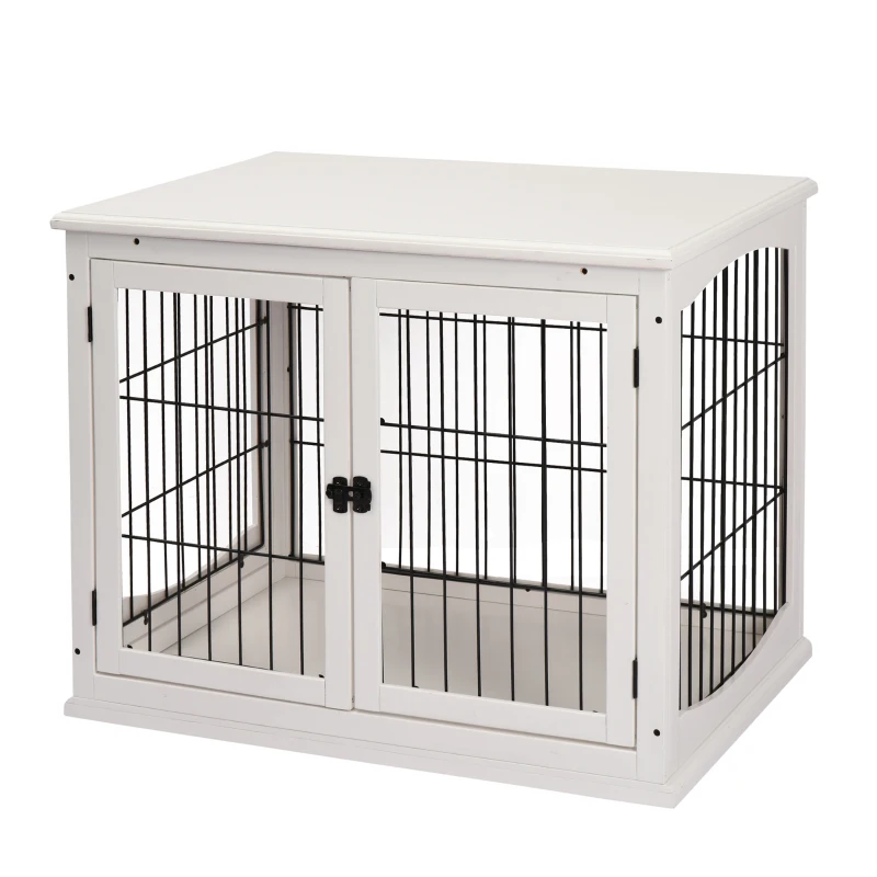 PawHut Gaiola para Cães de Madeira com Superfície de Mesa 2 Portas e Grades de Metal 81x58,5x66cm Branco