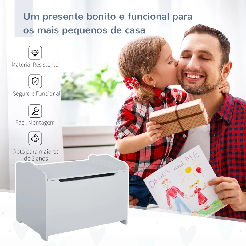 HOMCOM Caixa de Armazenamento de Madeira para Brinquedos Baú Organizador para Crianças acima de 3 Anos com Tampa para Livros Roupas 60x40x48cm Cinza
