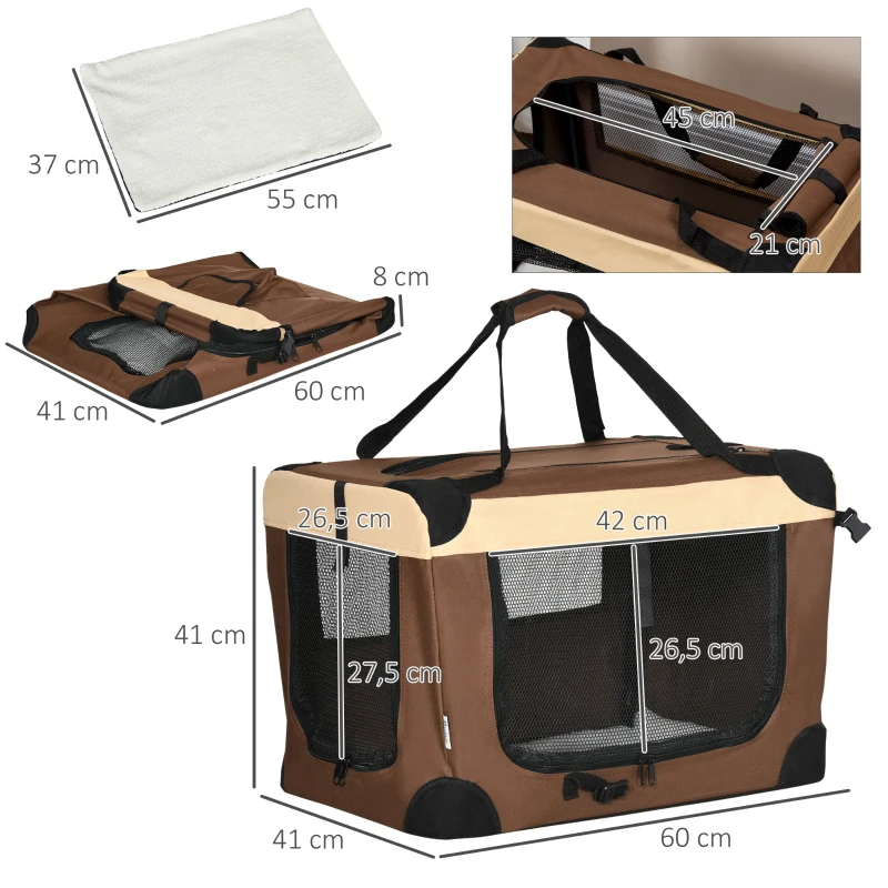 PawHut Transportadora para Cães e Gatos Bolsa de Transporte Animais de Estimação Dobrável com Almofada Suave 60x41x41cm Marrom