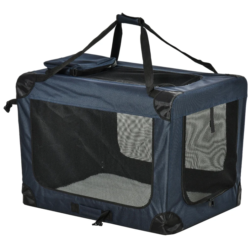 PawHut Transportadora para animais deestimação Portátil e Transpirável Dobrável com Almofada 3 Portas e Janela de Malha 2 Bolsos 80,5x57x57cm Azul Escuro