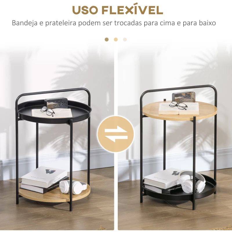 HOMCOM Mesa de Apoio Moderna com Prateleira de Madeira e Bandeja Removível Alça Portátil 43,5x42,5x60cm Preto e Madeira
