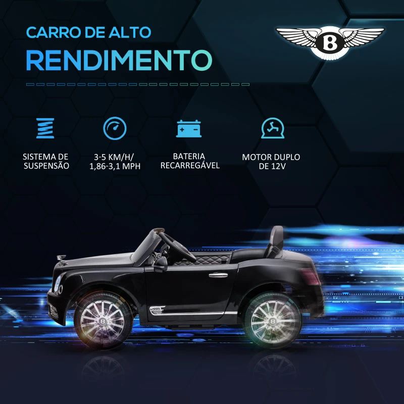 HOMCOM Carro Elétrico Bentley Mulsanne 12V com 2 Motores Farol Buzina Música USB e Abertura de Portas 3-5km/h 120x71x48cm Preto