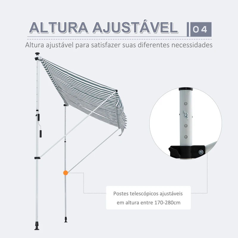 Outsunny Toldo Manual Retrátil para Exterior 300x150x170-280cm Toldo Enrolável Altura Ajustável com Manivela Proteção Solar para Terraço Balcão Jardim Verde