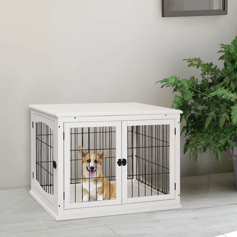 PawHut Gaiola para Cães de Madeira com Superfície de Mesa 2 Portas e Grades de Metal 81x58,5x66cm Branco