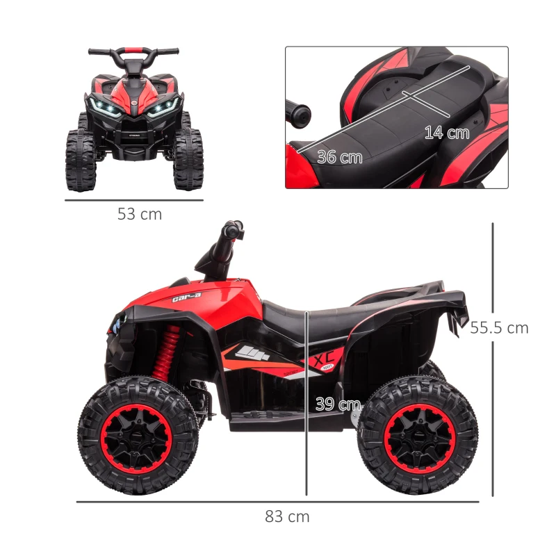 HOMCOM ATV 12V pentru copii cu cauciucuri late, masina, faruri LED, claxon, muzica, pentru 3-5 ani, rosu(m-3)