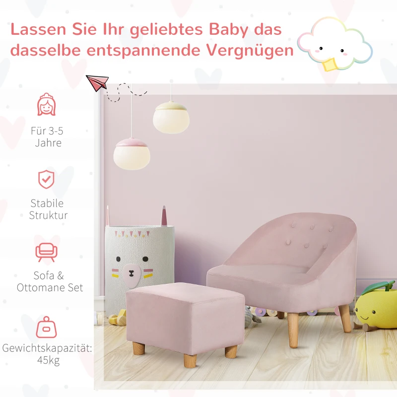 HOMCOM Fotel dla dzieci z podnóżkiem dla dzieci w wieku od 3 do 5 lat Uroczy design Aksamit Różowy 51 cm x 51 cm x 50 cm