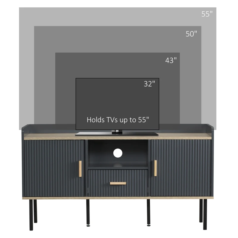 HOMCOM Dulap TV pentru televizor de pana la 55 inchi, suport TV cu sertar, rafturi de depozitare, picioare din otel si gauri pentru cablu pentru camera de zi, dormitor, gri