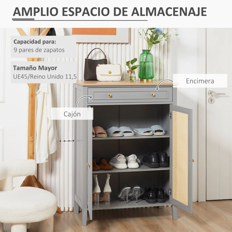HOMCOM Mueble Aparador Moderno Armario Zapatero para 9 Pares de Zapatos con Puertas de Rejilla y Cajón 80x40x110 cm Gris