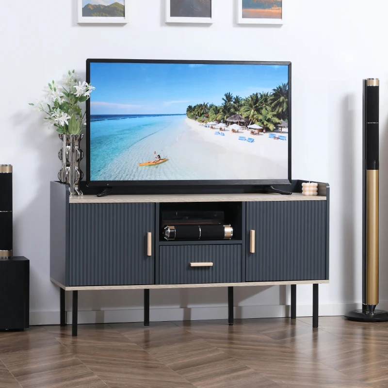 HOMCOM Dulap TV pentru televizor de pana la 55 inchi, suport TV cu sertar, rafturi de depozitare, picioare din otel si gauri pentru cablu pentru camera de zi, dormitor, gri
