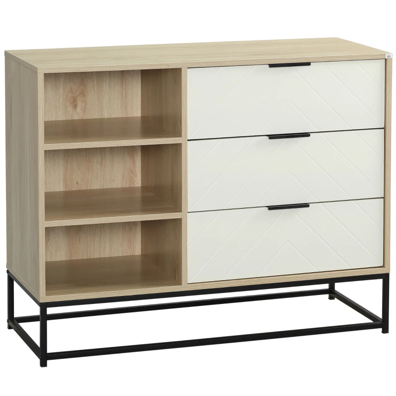 HOMCOM Dulap de depozitare modern , dulap decorativ cu 3 sertare, rafturi deschise pentru camera de zi, dormitor, biroul de acasa, natural si alb crem
