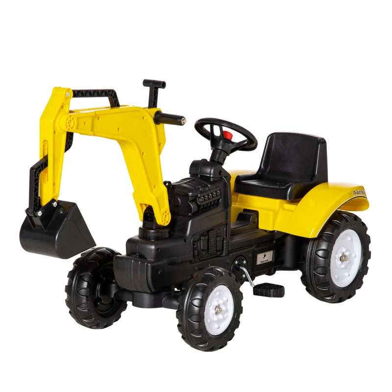 HOMCOM Excavator de jucarie cu urcare Cu pedala Vehidul de constructie pentru jocuri de simulare cu claxon pentru copii, galben(m-10)