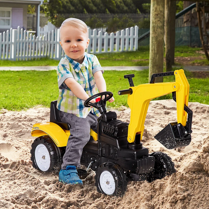 HOMCOM Excavator de jucarie cu urcare Cu pedala Vehidul de constructie pentru jocuri de simulare cu claxon pentru copii, galben(m-9)