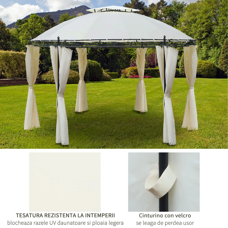 Outsunny Foisor de Gradina Rotund cu Acoperis Dublu, Curele Velcro si Perdele din Otel si Poliester, Ø350 x 275 cm, Alb