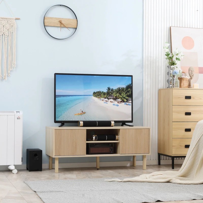 HOMCOM Dulap TV pentru televizoare de pana la 50 de inchi, suport TV cu rafturi de depozitare, usi glisante si gauri pentru cablu pentru camera de zi, dormitor, natural