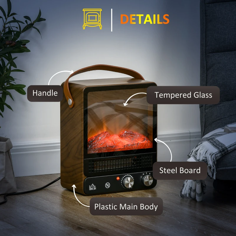 HOMCOM Semineu electric cu maner, incalzitor cu efect realist de flacara, protectie la supraincalzire, 750W/1500W, nuc inchis
