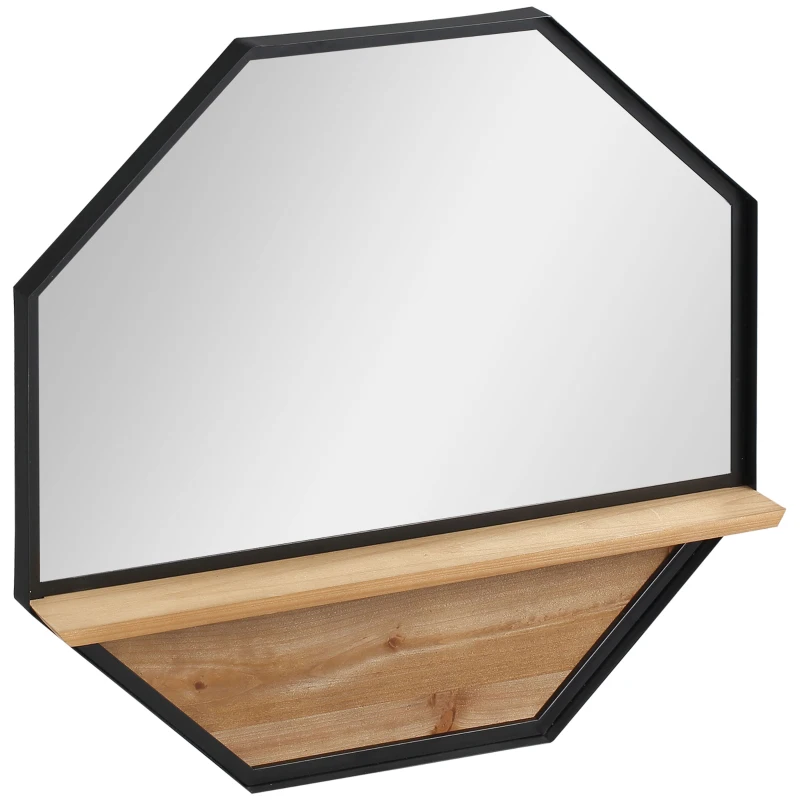 HOMCOM Oglinda de perete octogonala 61x61cm cu raft de depozitare din lemn
