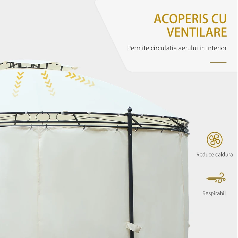Outsunny Foisor de Gradina Rotund cu Acoperis Dublu, Curele Velcro si Perdele din Otel si Poliester, Ø350 x 275 cm, Alb
