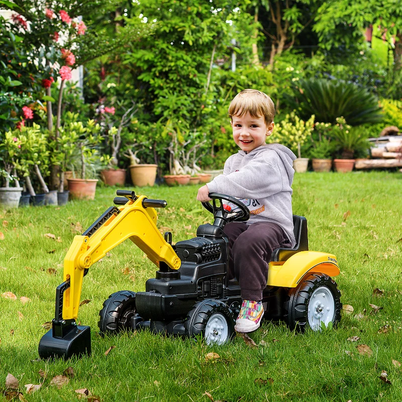 HOMCOM Excavator de jucarie cu urcare Cu pedala Vehidul de constructie pentru jocuri de simulare cu claxon pentru copii, galben(m-2)