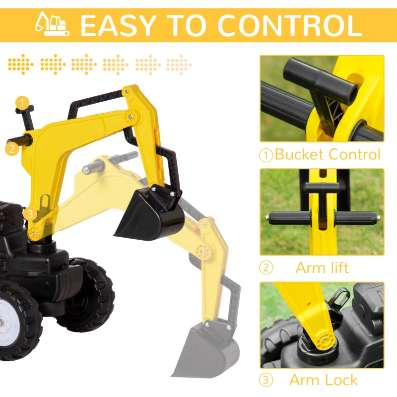 HOMCOM Kids Ride on Digger Pedal Go Kart Pretend Play Construction No Power Truck with Horn for 3 - 6 Years, Yellow