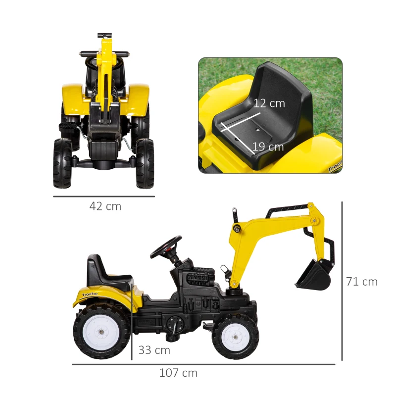 HOMCOM Excavator de jucarie cu urcare Cu pedala Vehidul de constructie pentru jocuri de simulare cu claxon pentru copii, galben(m-3)