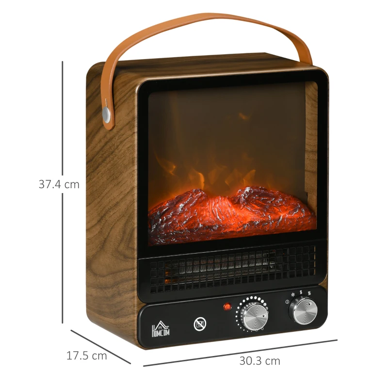 HOMCOM Semineu electric cu maner, incalzitor cu efect realist de flacara, protectie la supraincalzire, 750W/1500W, nuc inchis