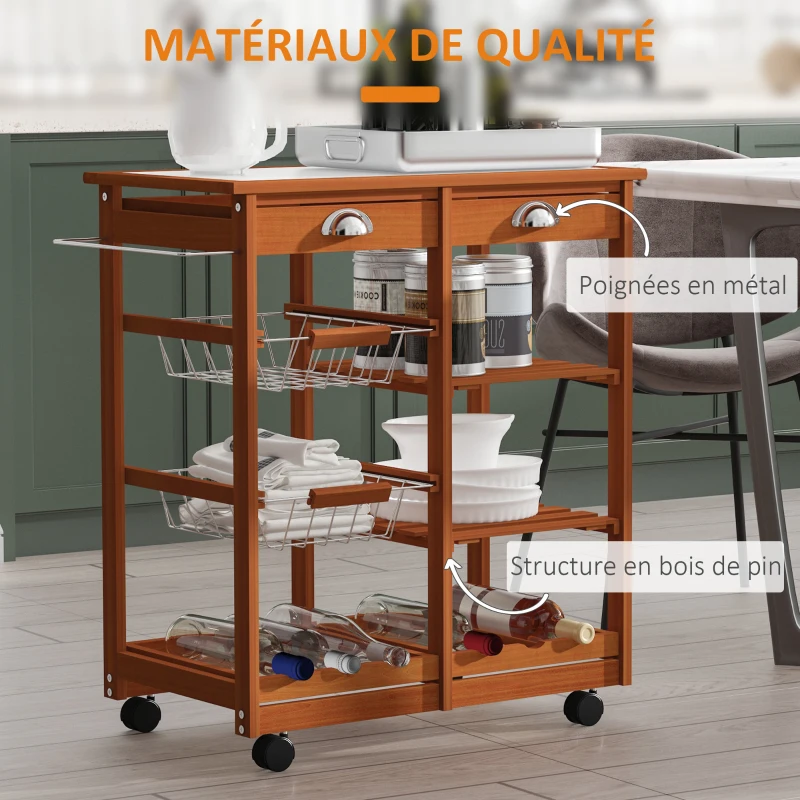 HOMCOM Chariot de Service Cuisine Desserte à roulettes Multi-rangements tiroirs paniers étagères Range Bouteilles Bois de pin