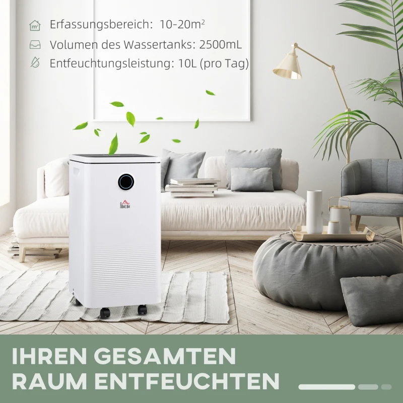HOMCOM Luftentfeuchter, 5 Programme, 10L Wasser/Tag, Steuerung über WLAN/Google/Alexa, sehr leise, weiß, 25 x 25 x 50cm