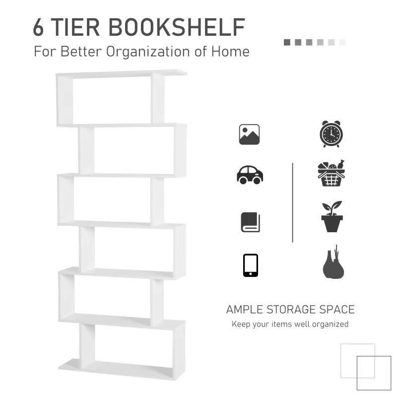 HOMCOM Wooden Wood S Shape Storage Display 6 Shelves Room Divider Unit Chest Bookshelf Bookcase Cupboard Cabinet Home Office Furniture (White)