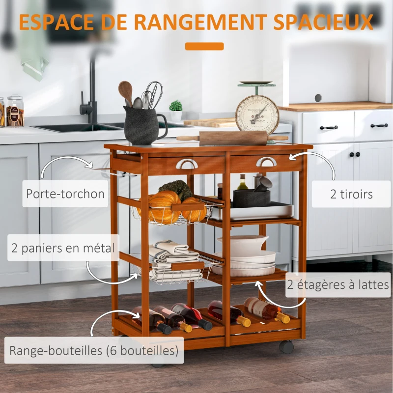 HOMCOM Chariot de Service Cuisine Desserte à roulettes Multi-rangements tiroirs paniers étagères Range Bouteilles Bois de pin