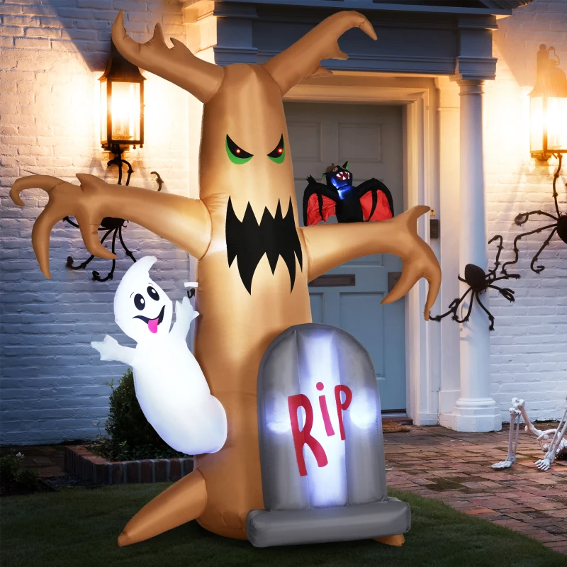 Outsunny 8ft Inflatable Halloween Decorations，Ghost Tree with White Ghost and Tombstone, Blow-Up Outdoor LED Display