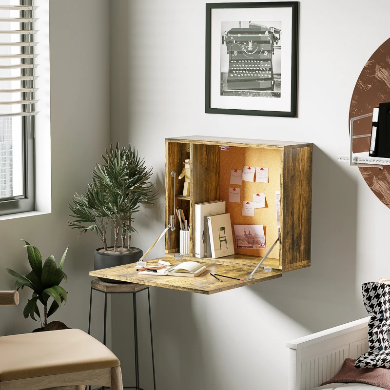 HOMCOM Birou montat pe perete , suspendat, masa pliabila,cu rafturi de depozitare pentru spatii mici, maro rustic