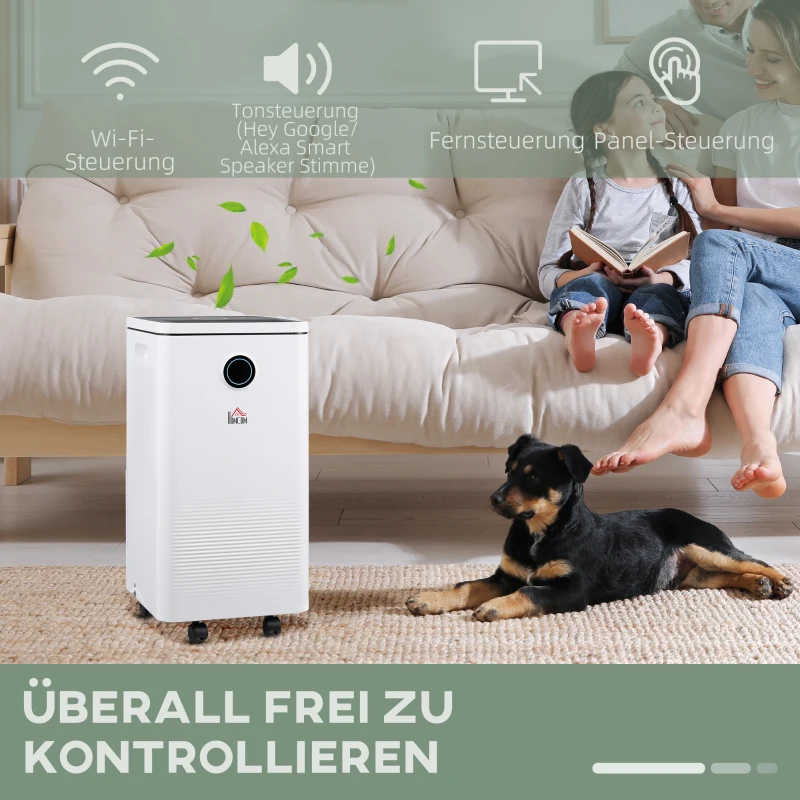HOMCOM Luftentfeuchter, 5 Programme, 10L Wasser/Tag, Steuerung über WLAN/Google/Alexa, sehr leise, weiß, 25 x 25 x 50cm