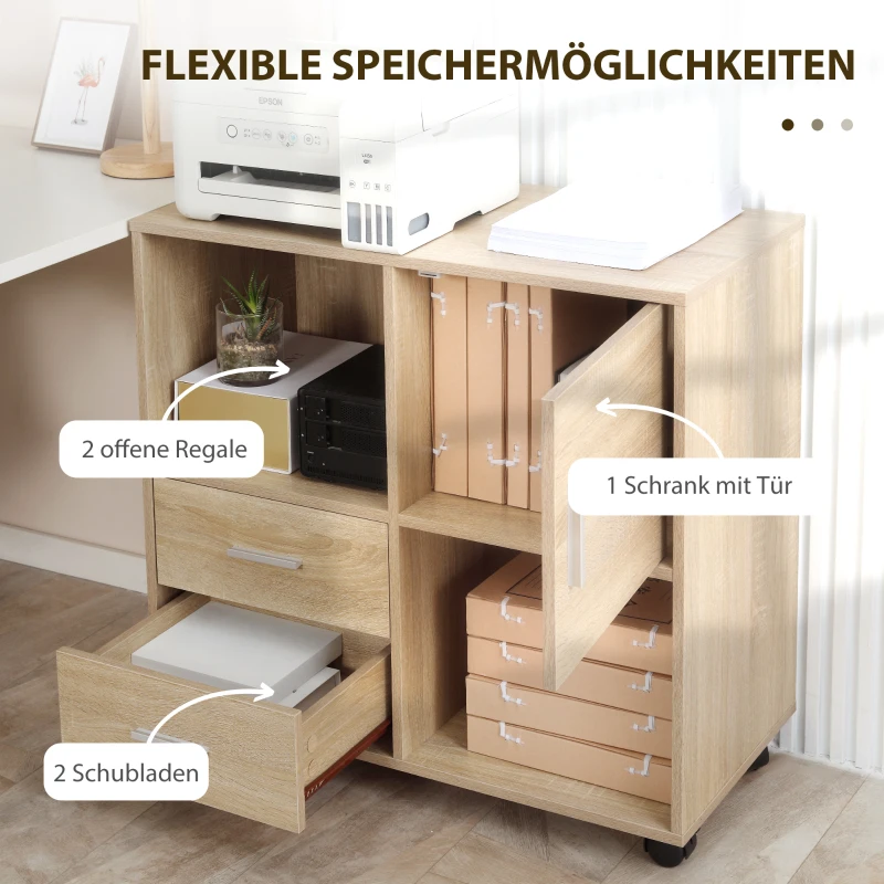HOMCOM Druckerständer 2 Schubladen 1 Schrank 4 Rollen 80 cm × 38,5 cm × 74,5 cm Natur