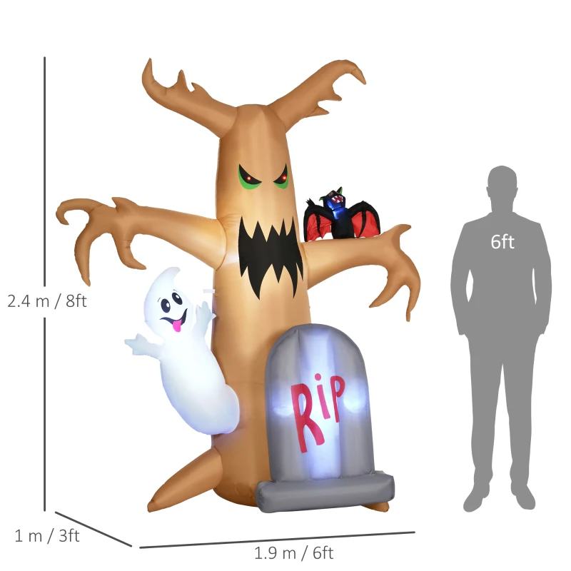 Outsunny 8ft Inflatable Halloween Decorations，Ghost Tree with White Ghost and Tombstone, Blow-Up Outdoor LED Display