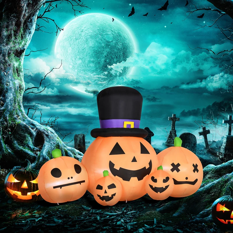 Outsunny 6ft Inflatable Halloween Large Pumpkin in Hat with Four Small Pumpkins, Blow-Up LED Display for Lawn, Garden, Party, Indoor and Outdoor