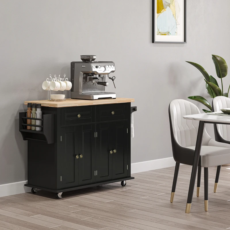 HOMCOM Insula Bucatarie pe Roti – Blat Lemn, Rafturi & Suporturi(m-10)
