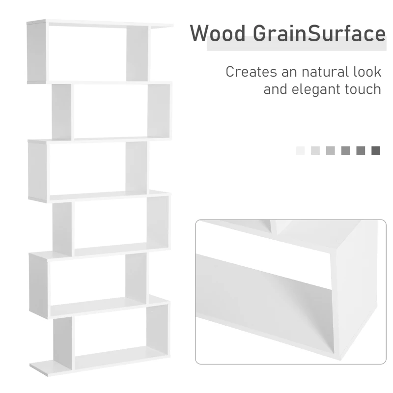 HOMCOM Wooden Wood S Shape Storage Display 6 Shelves Room Divider Unit Chest Bookshelf Bookcase Cupboard Cabinet Home Office Furniture (White)