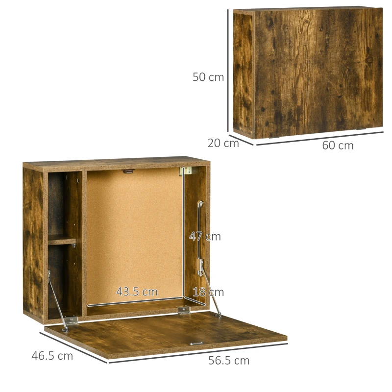 HOMCOM Birou montat pe perete , suspendat, masa pliabila,cu rafturi de depozitare pentru spatii mici, maro rustic